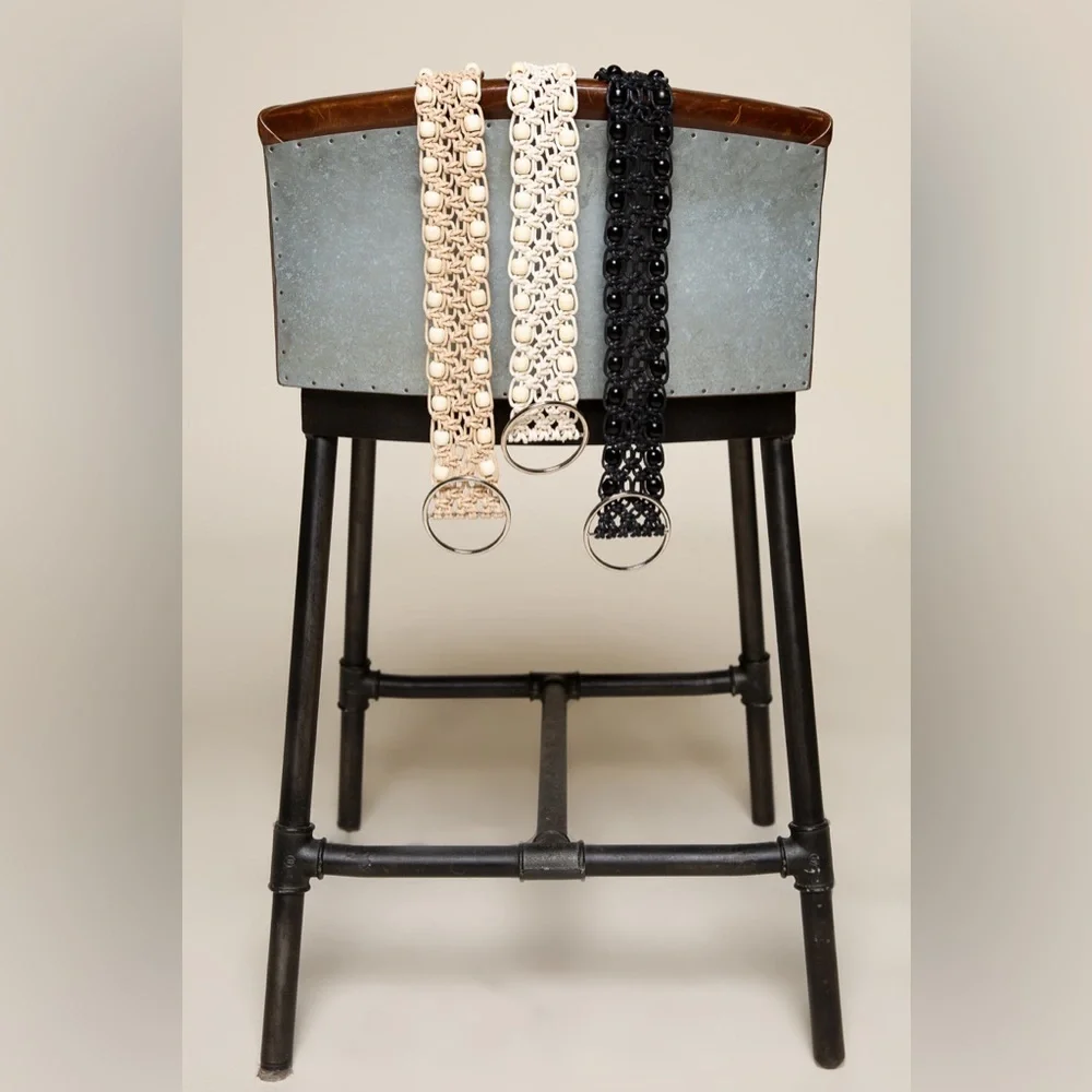 New! Belt13 Cream Leatherette belt with beads - Picture 3 of 11